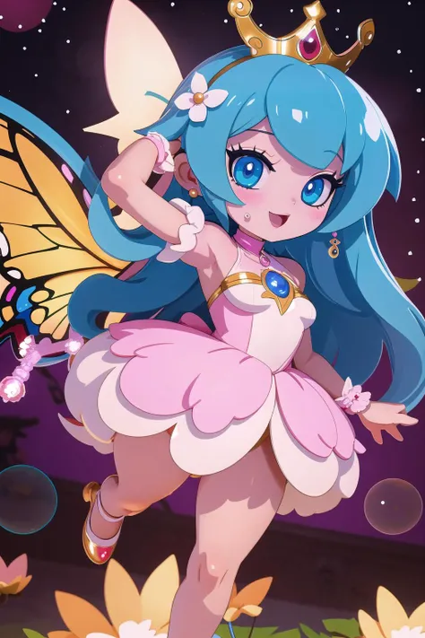cute,adorable, (full body:1.2), (masterpiece, best_quality, ultra-detailed, immaculate:1.3), epic, illustration, 1girl, f/1.4 lens, bokeh, tiny Xeranthemum fairy empress,butterfly wings, see-through gossamer, , in pleasant, empty Jupiter's atmosphere, bombshell hair, multicolor hair, Shag Cut, outstretched arm / outstretched arms<lyco:EnvyCuteMix15:1>