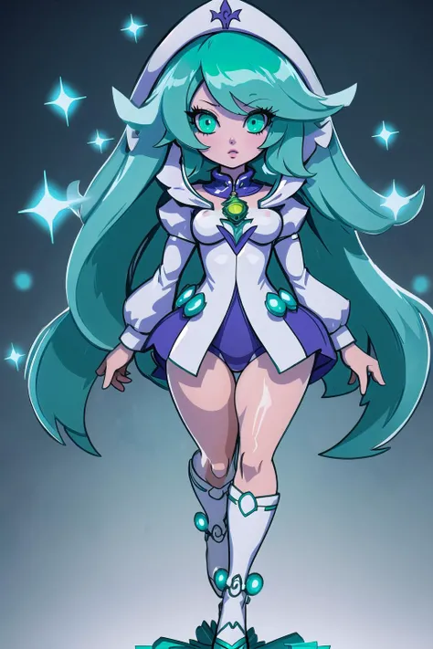 (masterpiece, best_quality, ultra-detailed, immaculate:1.3), epic, illustration, rough digital painting, (full body:1.2), 1girl, solo, [:creative costume design,:0.2] summoner, purple winter coat, albino, bombshell light sea green hair, Brushed Out Curls,twin drills, (athletic:1) build, simple background, jrpg character concept art, in glowing China, bombshell hair, azure hair, short hair, running<lyco:EnvyCuteMix15:1>