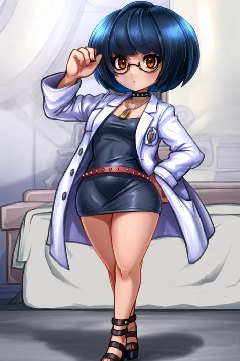 ((best quality)), ((highly detailed)), masterpiece, (detailed eyes, deep eyes), (1girl), (glasses), full body, <lora:hairdetailer:1>, <lora:taeTakemiPersona5_v10:1>, Tae Takemi, dark blue hair, short hair, bob-cut, blunt bangs, (brown eyes), necklace, studded collar, dress, black dress, short dress, ((labcoat)), red belt, strappy black platform high heels, (inside, in a bedroom), <lora:EnvyCuteMix15:1>, (cute)