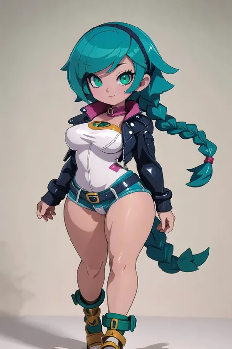 (masterpiece, best_quality, ultra-detailed, immaculate:1.3), epic, illustration, rough digital painting, (full body:1.2), 1girl, solo, [:outlandish costume design,:0.2] summoner, (leather jacket:1.2), denim jacket, , bombshell indigo hair with green highlights, side braid,Long Layers, (bulky:1.2) build, simple background, moba character concept art, in a  kitchen, bombshell hair, deep silver hair, short bombshell hair, crossed ankles<lyco:EnvyCuteMix15:1>