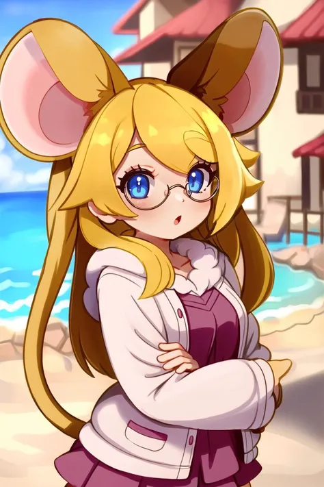 ((best quality)), ((highly detailed)), masterpiece, (detailed eyes, deep eyes), (1girl), (glasses), upper body, (mouse girl), mouse ears, mouse tail, (in a resort), <lora:EnvyCuteMix15:1>, (cute)