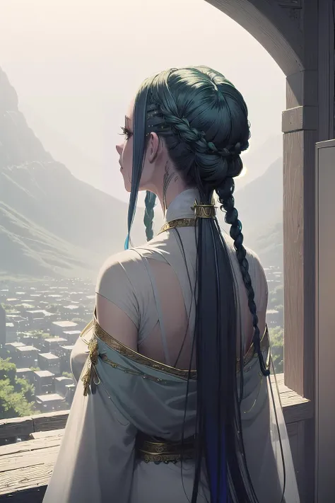 from behind, (masterpiece, best_quality, ultra-detailed, immaculate:1.3), epic, illustration, welcoming, 1girl, priestess, elf, light sea green hair, hime cut,Scalp Braids, casting spell, abstract background, next to a car, bombshell hair, vivid azure hair with yellow highlights, Rope Braid, crucifixion<lyco:EnvyCuteMix15:-0.35>