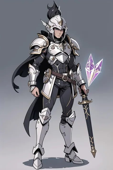 (masterpiece, best_quality, ultra-detailed, immaculate:1.3), epic, illustration, rough digital painting, (full body:1.2), 1boy, man, solo, [:epic costume design,:0.2] battlemage, beige (runed crystal pauldrons,helmet,chestplate,greaves:1.4), japanese, bombshell black hair, hair ribbon, (slim:1) build, old, simple background, rpg character concept art, in ghostly San Francisco, bombshell hair, black hair, bob cut,Waist Length Hair, standing on shoulder<lyco:EnvyCuteMix15:0.35>