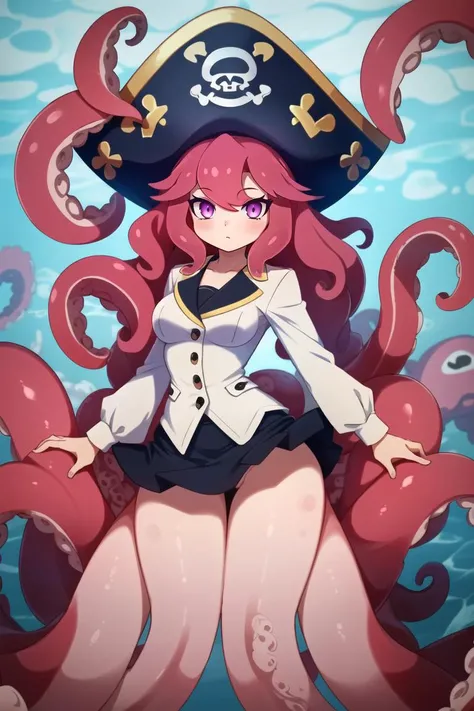 ((best quality)), ((highly detailed)), masterpiece, (detailed eyes, deep eyes), (1girl), cowboy shot, <lora:aiomonstergirls_loraLocon:1>, (((scylla))), (((octopus girl))), standing, (tentacles:1.33), (suction cups:1.33), (fused:1.33), ((tentacle legs)), medium breasts, (skirt), partially underwater, (on a pirate ship), <lora:EnvyCuteMix15:.5>, (cute)