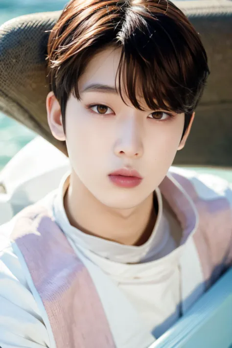 sunoov1, (masterpiece, ultra quality, high resolution, 8k, intricate: 1.2), (detailed face:1.2), detailed skin, pores, absurdres, male focus, 1man, ((realistic)), ((pale skin)), swimming, beach, pastel purple, <lora:sunoov1:0.9>