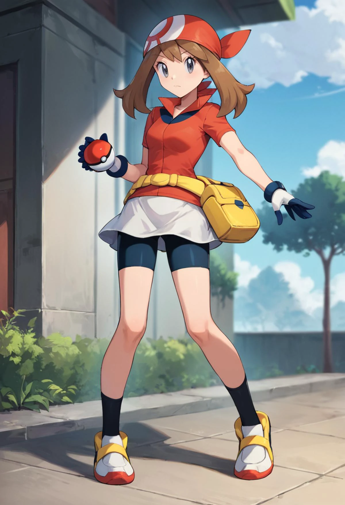 masterpiece,best quality, highly detailed, score_9, score_8_up, score_7_up, score_6_up,<lora:xl_more_art-full_v1:0.8>,source_anime,
BREAK
<lora:mayXL:0.8>may, 1girl, may (pokemon), solo, gloves, bandana, brown hair, holding poke ball, poke ball, holding, standing, bike shorts, black socks, short sleeves, red bandana, grey eyes, shirt, skirt, white skirt, socks, red shirt, full body, fanny pack, closed mouth, shoes, poke ball (basic), bangs, yellow bag, collared shirt, knees, long hair, shorts