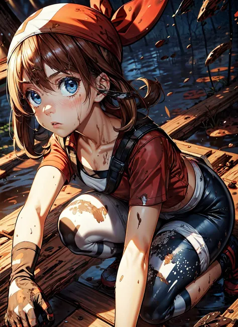 1girl,may,brown hair,medium hair,bandana,red bandana,blue eyes,red shirt,gloves,short sleeves,white skirt,black short leggins,short leggins,black leggins,(crouched),concentrated look,concentrated expression,surprised expression,forest,dark forest,disty clothes,(mud splatter:1.3),(from above:1.2),masterpiece,extremely detailed CG unity 8k wallpaper, best quality,32k,focus sharp, <lora:MayPokemon:0.7>, <lora:more_details:0.8>, <lora:Light and Shadow:0.7>