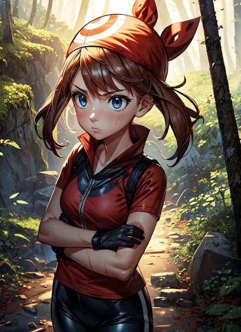 1girl,may,brown hair,medium hair,bandana,red bandana,blue eyes,red shirt,gloves,short sleeves,white skirt,black short leggins,short leggins,black leggins,crouched,concentrated look,concentrated expression,surprised expression,forest,dark forest,disty clothes,mud splatter,(from above),masterpiece,extremely detailed CG unity 8k wallpaper, best quality,32k,focus sharp, <lora:MayPokemon:0.7>, <lora:more_details:0.8>, <lora:Light and Shadow:0.7>