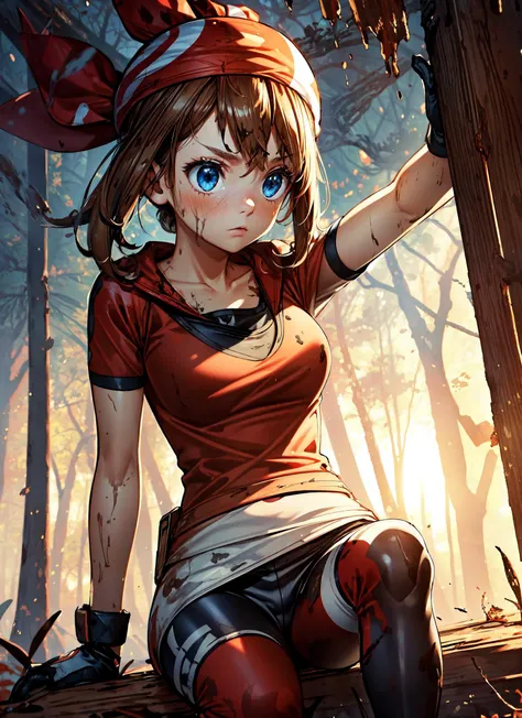 1girl,may,brown hair,medium hair,bandana,red bandana,blue eyes,red shirt,gloves,short sleeves,white skirt,black short leggins,short leggins,black leggins,(crouched),concentrated look,concentrated expression,surprised expression,forest,dark forest,disty clothes,(mud splatter:1.3),(from above:1.2),masterpiece,extremely detailed CG unity 8k wallpaper, best quality,32k,focus sharp, <lora:MayPokemon:0.7>, <lora:more_details:0.8>, <lora:Light and Shadow:0.7>