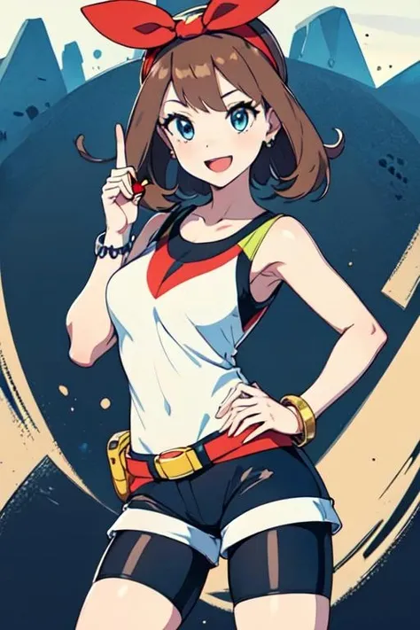 (masterpiece:1.2), (best quality), (ultra detailed), (8k, 4k, intricate),(full-body-shot:1), (highly detailed:1.2),(detailed face:1.2), (detailed background),detailed landscape, ((portrait)), (dynamic pose:1.2) <lora:may:0.7>may, 1girl, ((solo)), breasts, looking at viewer, smile, open mouth, blue eyes, brown hair, shirt, ribbon, jewelry, medium breasts, collarbone, hair ribbon, cowboy shot, hairband, shorts, sleeveless, bracelet, red ribbon, hand on hip, short shorts, sleeveless shirt, bike shorts, index finger raised, poke ball, white shorts, red hairband, poke ball (basic), bow hairband, fanny pack, bike shorts under shorts