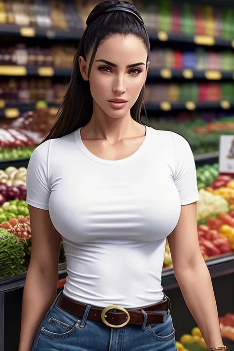 picture of (1uciajavorcekova:0.99), a woman (wearing a tight white t-shirt:1.2), (wearing jeans), (big breasts), modelshoot style, (extremely detailed CG unity 8k wallpaper), photo of the most beautiful artwork in the world, professional majestic oil painting by Ed Blinkey, Atey Ghailan, Studio Ghibli, by Jeremy Mann, Greg Manchess, Antonio Moro, trending on ArtStation, trending on CGSociety, Intricate, High Detail, Sharp focus, dramatic, photorealistic painting art by midjourney and greg rutkowski, (leather belt), ((in a supermarket)), (looking at viewer), (detailed eyes:1.2)