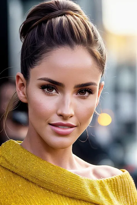 photo of beautiful (1uciajavorcekova:0.99), a woman with beautiful hair, hair upsweep updo, as a movie star in a (movie premiere), premiere gala, (near a movie theatre), natural skin texture, (sexy tight yellow sweater off-shoulder with a strap), 24mm, 4k textures, soft cinematic light, adobe lightroom, photolab, hdr, intricate, elegant, highly detailed, sharp focus, ((((cinematic look)))), soothing tones, insane details, intricate details, hyperdetailed, low contrast, soft cinematic light, exposure blend, hdr, faded, (paparazzi in background), (painted lips:1.1), ((looking at viewer:1.1)), (seductive)