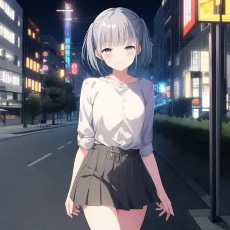 (masterpiece, best quality), 1girl, solo, ipkana, shirt, miniskirt, <lora:kana-000016:0.75>, grey_eyes, smile, blush, walking, city, street, night, night_sky, neon_light