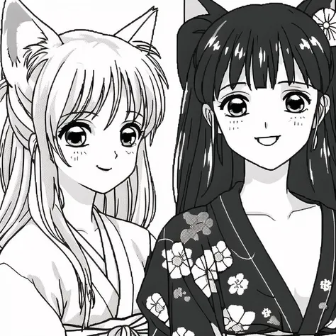 <lora:Furiava_Haakdith:1>, fang, fox, fox ears, fox tail, foxgirl, happy, japanese clothes, kimono, long hair, monochrome, smile, tail, yukata, hair ornaments