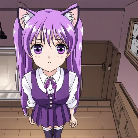 <lora:Furiava_Haakdith:1>, a long hallway with a clock on the wall and a light on the floor in the dark room with the light on, box, cardboard box, cat ears, from above, highres, looking up, purple hair, thigh-highs, thighhighs, twintails