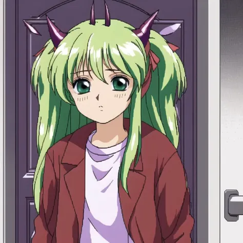 <lora:Furiava_Haakdith:1>, a hallway with a purple light in the corner and a white door in the middle of the room with a black door, 1boy, bangs, blonde hair, closed mouth, fake horns, green eyes, hair between eyes, hand in hair, headband, highres, horned headwear, horns, jacket, looking at viewer, male focus, ponytail, red jacket, simple background, solo, umemegn, upper body, white background