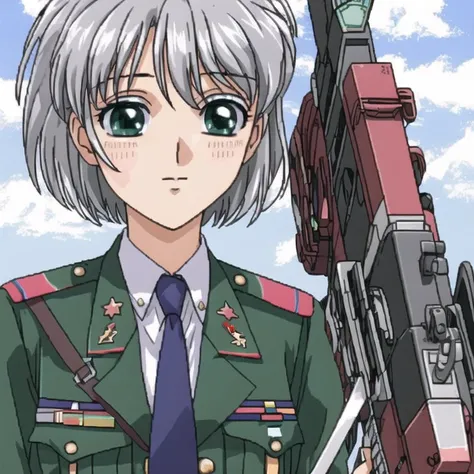 <lora:Furiava_Haakdith:1>, animal ears, atriker unit, blush, cloud, clouds, green eyes, hirschgeweih antennas, jankey4649, military, military uniform, necktie, night, rocket launcher, short hair, silver hair, skirt, solo, star \(sky\), striker unit, tail, uniform, weapon, silver-hair