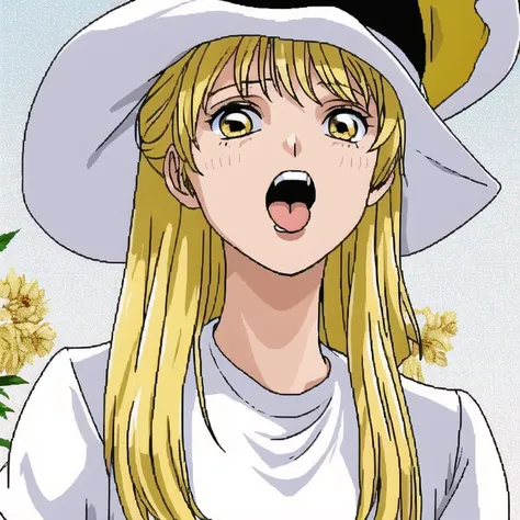 <lora:Furiava_Haakdith:1>, 1girl, antinomy of common flowers, black hat, blonde hair, close-up, gameplay mechanics, hat, muscle, muscular female, nose, open mouth, parody, shirt, short sleeves, shouting, simple background, solo, spell card, style parody, tongue, tsurime, upper teeth, white background, white shirt, witch hat, yellow eyes