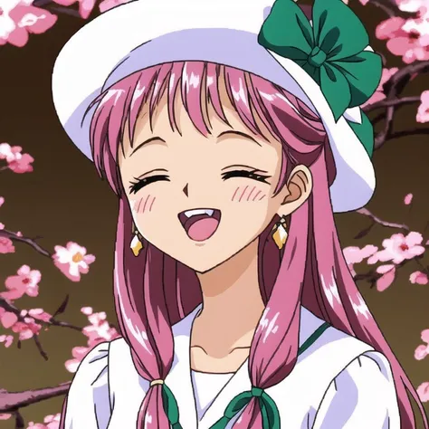 <lora:Furiava_Haakdith:1>, 1girl, :d, ^ ^, baguette, bangs, blurry, blurry background, blurry foreground, blush, bottle, bow, bread, brown hair, chano hinano, closed eyes, collarbone, collared dress, depth of field, dress, earrings, eyebrows visible through hair, facing viewer, flower, food, glint, green neckwear, hair between eyes, hand on headwear, hand up, hat, hat bow, head tilt, highres, jewelry, long sleeves, multicolored hair, open mouth, petals, pink flower, round teeth, smile, solo, streaked hair, sun hat, teeth, upper teeth, white bow, white dress, white hair, white hat