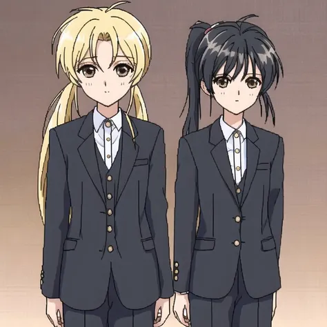 <lora:Furiava_Haakdith:1>, 1boy, 1girl, ahoge, black hair, blonde hair, cigarette, formal, highres, long coat, long hair, pant suit, ponytail, suit