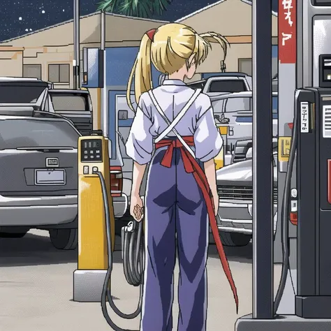 <lora:Furiava_Haakdith:1>, a gas station at night with a person standing at the gas pump at the end of the road and a car parked in the lot, 1girl, armor, bangs, blonde hair, boomerang, eyebrows visible through hair, from behind, full body, harem pants, high heels, highres, japanese armor, kote, leotard, long hair, over shoulder, pants, pointy ears, pointy shoes, ponytail, shoes, signature, sketch, solo, striped, vertical-striped pants, vertical stripes, weapon, weapon over shoulder