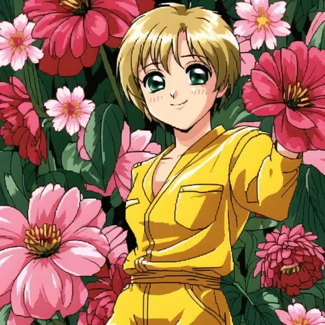 <lora:Furiava_Haakdith:1>, blonde hair, blush, bruce lee's jumpsuit, flower, green eyes, hair flower, hair ornament, jumpsuit, short hair, simple background, smile, solo