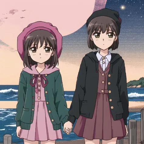 <lora:Furiava_Haakdith:1>, a man standing under a pier at night with the sun in the background and the ocean in the foreground, 2girls, asymmetrical bangs, backpack, bag, bangs, black choker, black hair, black jacket, blush, bob cut, brown backpack, brown hair, buttons, cardigan, choker, collared dress, dress, earrings, gen 4 pokemon, green headwear, grey cardigan, hair ribbon, hat, highres, holding hands, hooded cardigan, jacket, jewelry, long sleeves, multiple girls, open clothes, pink dress, red ribbon, ribbon, short hair, tam o' shanter, yasu \(842chooo\)