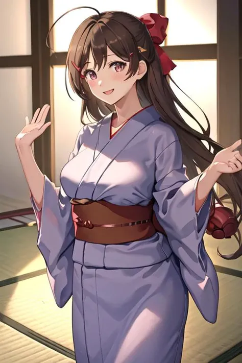 best quality, masterpiece, highres, solo, {yukata:1.40}, {kimono:1.20}, {mamiya_kantaicollection:1.15}, brown_hair, long_hair, ribbon, hair_ornament, hairclip, hair_ribbon, ahoge, breasts, large_breasts, smile, blush, red_eyes, purple_eyes