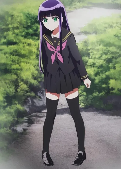 Benio_Adashino, sousei no onmyouji, 1girl, solo,purple hair, green eyes, long hair with blunt bangs, wears a school uniform (serafuku) with a pleated skirt, black legwear, black shirt, black skirt, red ribbon and bow, black loafers. <lora:Benio_Adashino-000008:1>