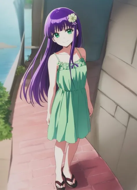 <lora:Benio_Adashino-000005:0.8>, Benio_Adashino, sousei no onmyouji, 1girl, solo, long hair, hair ornament, green eyes, standing, looking at viewer, purple hair, blue sundress, smile
