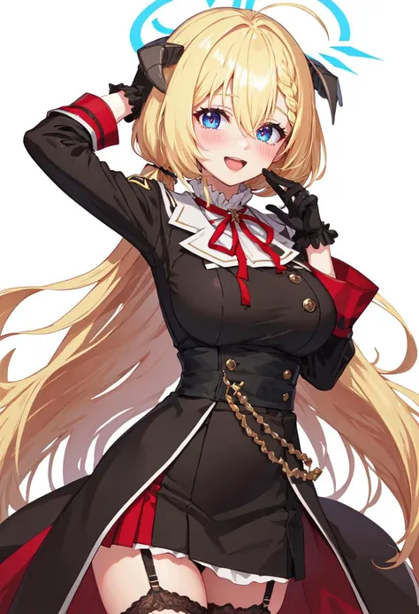 best quality, masterpiece, highres, solo, (akari_bluearchive:1.10), 1girl, black gloves, long sleeves, smile, garter straps, looking at viewer, simple background, blush, open mouth, black thighhighs, white background, neck ribbon, red ribbon, 2 <lora:akari_bluearchive:0.80>