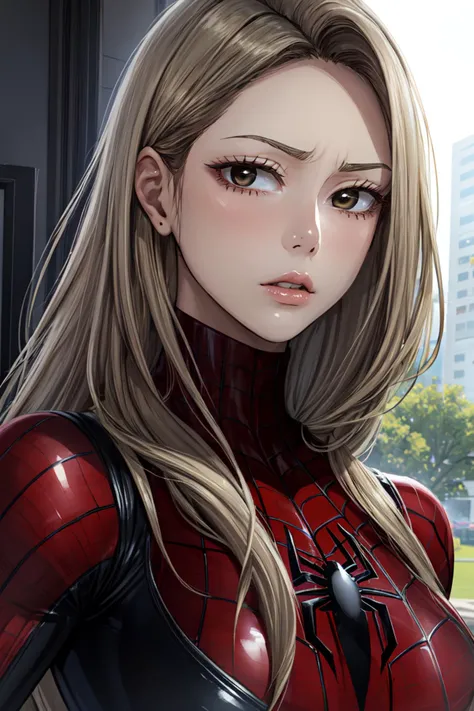 <lora:MiaCha_SC_V2:0.7> MiaChadef, long hair, (blonde hair:1.2), brown eyes, upper body, portrait,
masterpiece, best quality,
<lora:attire_spider-man:0.5> spider suit,