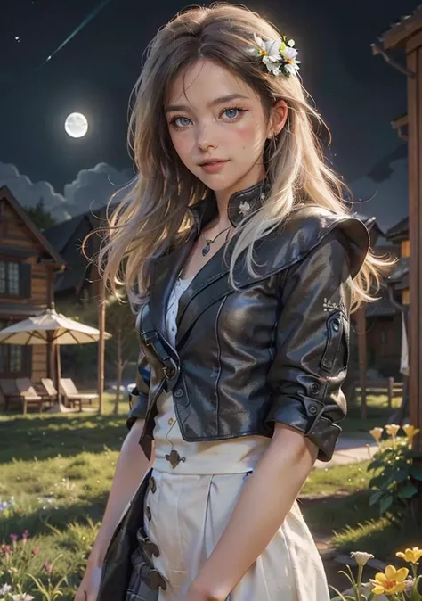 masterpiece,bestquality,highlydetailed,ultra-detailed,extremely detailed CG unity 8k wallpaper,illustration,lens 35mm,1girl,masterpiece,best quality,1girl,(colorful),(delicate eyes and face),volumatic light,ray tracing,bust shot,extremely detailed CG unity 8k wallpaper,solo,smile,intricate skirt,flying petal,(Flowery meadow) sky,cloudy_sky,moonlight,moon,light,fantasy,(windy:0.9),magic sparks,white hair,flower flying in the sky, <lyco:Jerry25D-V2:0.3>