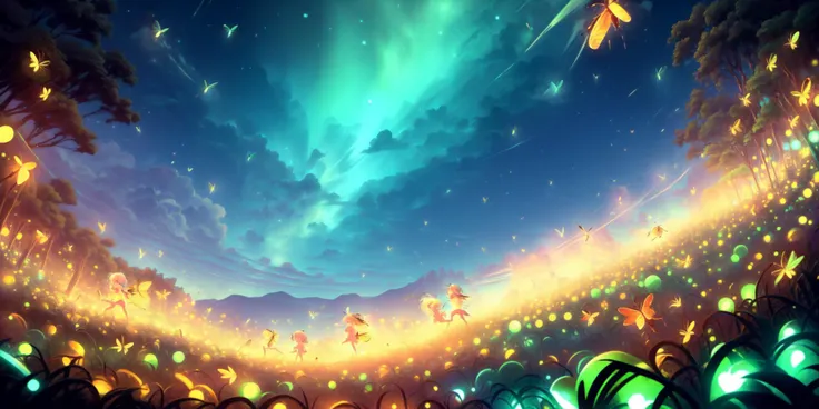 (heart-touching and warm atmosphere:1.2),
natural lighting, soft lighting, sunlight, HDR (High Dynamic Range), Maximum Clarity And Sharpness, Multi-Layered Textures,
(children,playing,night sky :1.3),happy,smile,
<lora:fireflies_v1:1>(neon orange fireflies,neon yellow fireflies,neon green fireflies,neon blue fireflies,neon white fireflies, :1.3)<lora:1658854699716974463:0.2> <lora:add_detail:1>