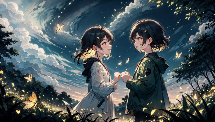 natural lighting, soft lighting, sunlight, HDR (High Dynamic Range), Maximum Clarity And Sharpness, Multi-Layered Textures,<lora:fireflies_v1:1> fireflies,4 kids,happy,playing ,perfect detail hands,perfect detail fingers,