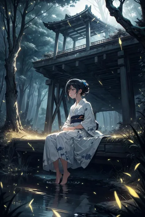 (masterpiece, best quality, ultra detailed, hyper realistic, photo), delicate pattern, detailed background, super fine concept art,
1girl, very long shot, from below, sitting, turn one's face away, looking away,
midnight, dark forest, stream, bridge, 
white yukata, barefoot, updo,
firefliesfireflies, night sky,  <lora:4960_fireflies:0.6>,
(emphasis line:0.8), darkness, dynamic lighting, faint light, <lora:epiNoiseoffset_v2:1>, high-contrast,
(mysterious:0.8), dark blue tone, <lora:add_detail:0.5>,