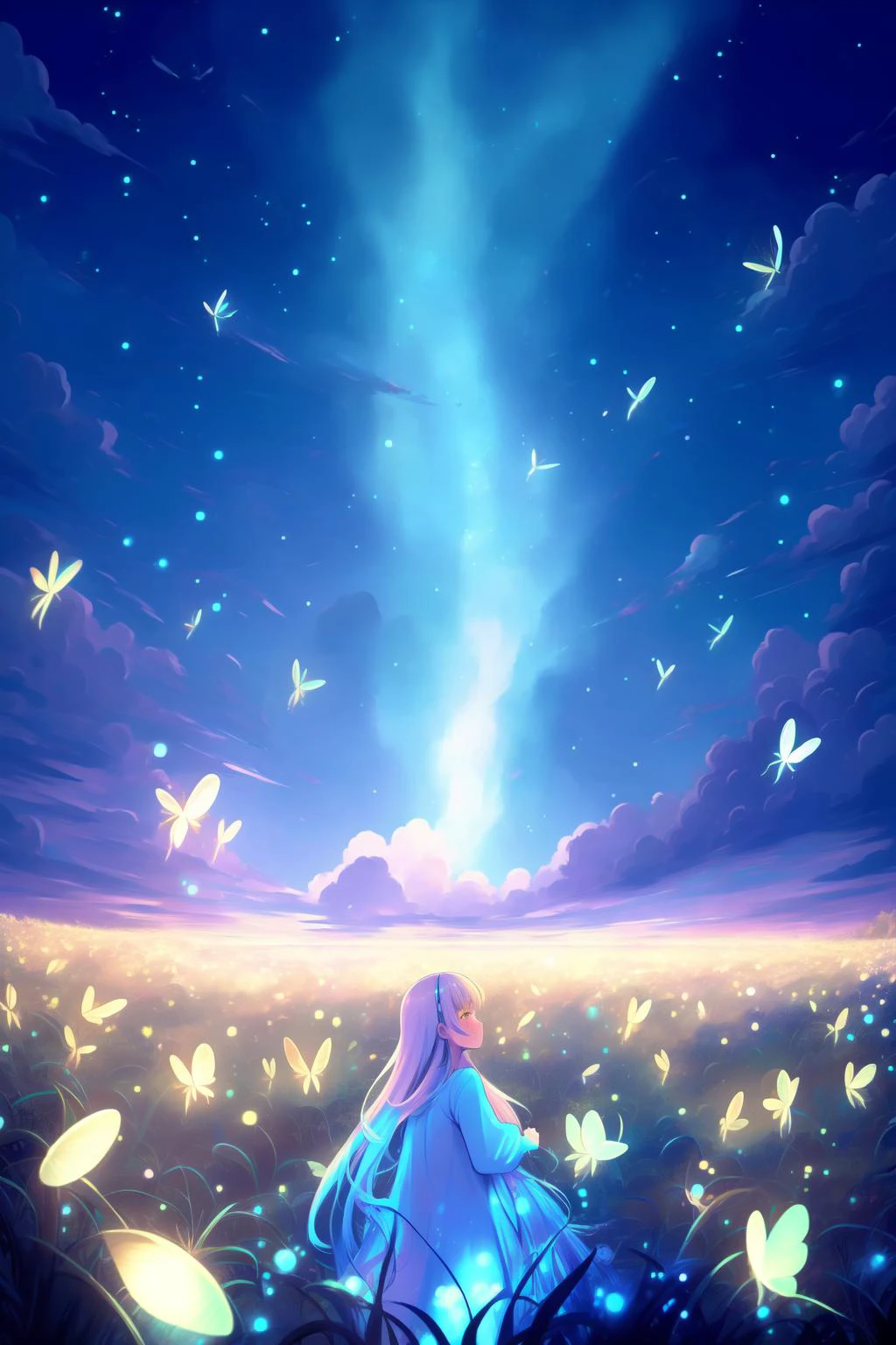 (masterpiece,best quality,ultra_detailed,highres,absurdres:1.3)
natural lighting, soft lighting, sunlight, HDR (High Dynamic Range), Maximum Clarity And Sharpness, Multi-Layered Textures,
<lora:fireflies_v1:0.888888888>(neon white fireflies:1.3),night sky ,
1girl, <lora:1658854699716974463:0.8>
