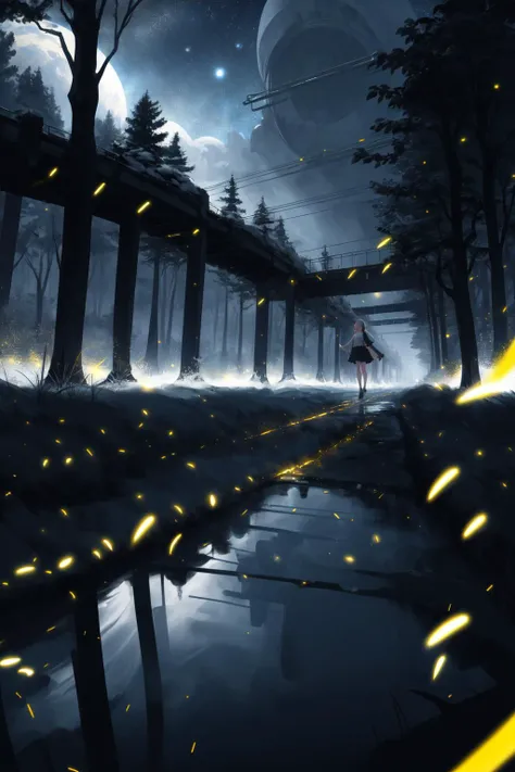 ( very long shot:1.5),
best detailed,masterpiece, best quality, wide-angle Hyperdetailed, masterpiece, 8k,HDR (High Dynamic Range), Maximum Clarity And Sharpness, Multi-Layered Textures,
perfect detail reflective surface, freedom,night, dark theme, starry sky,ethereal, truth, delicate pattern, detailed background, super fine concept art:1.4),
1girl,
midnight, dark forest, stream, bridge,
fireflies, night sky, <lora:fireflies_v1:0.6>,
(emphasis line:0.8), darkness, dynamic lighting, faint light, <lora:epiNoiseoffset_v2:1>, high-contrast,
(mysterious:0.8), dark blue tone, <lora:add_detail:0.5>,