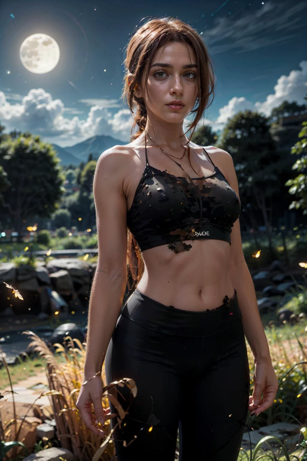 1girl, masterpiece, best quality, (photorealistic:1.4), a photo of a beautiful woman, looking at viewer, skinny, brown hair, detailed face, brown eyes, freckles, tan skin, grey crop top, medium breasts, standing, grey yoga pants, <lora:yogapantsv01:1> <lora:shoko_ieiri_s1:0.8> shoko_ieiri, eyebags, eyeshadow, makeup,
<lora:makima:0.8> makima\(chainsaw man\), red hair, yellow eyes, ringed eyes, braided ponytail, <lora:4960_fireflies:0.95> background, with, the, fireflies, and, night, sky, flying, forest, grass, moon, field