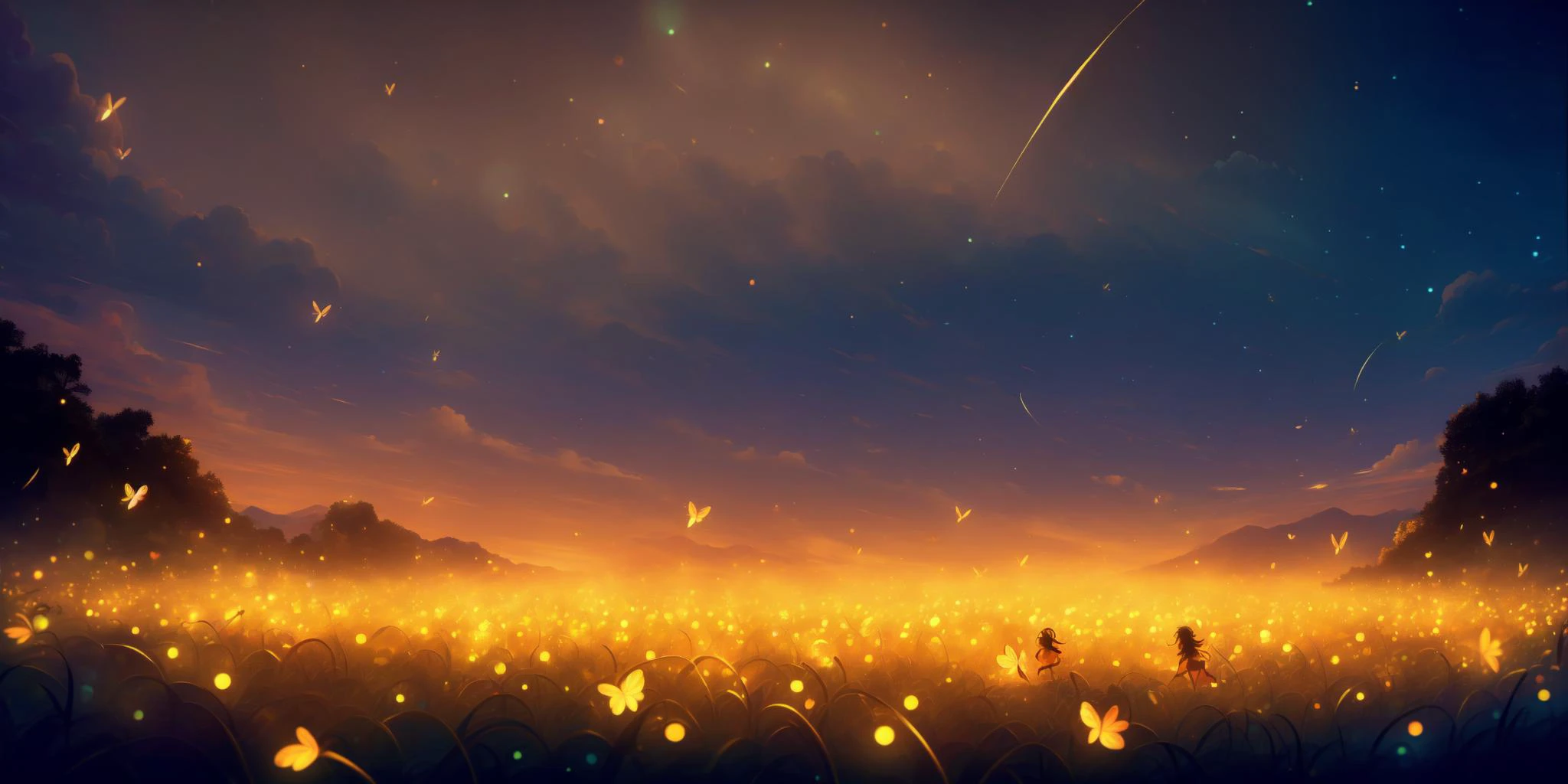 (masterpiece,best quality,ultra_detailed,highres,absurdres:1.3),
(heart-touching and warm atmosphere:1.2),
natural lighting, soft lighting, sunlight, HDR (High Dynamic Range), Maximum Clarity And Sharpness, Multi-Layered Textures,
<lora:fireflies_v1:1>(neon orange fireflies, children,playing,night sky ,:1.3),happy,smile, <lora:1658854699716974463:0.6>