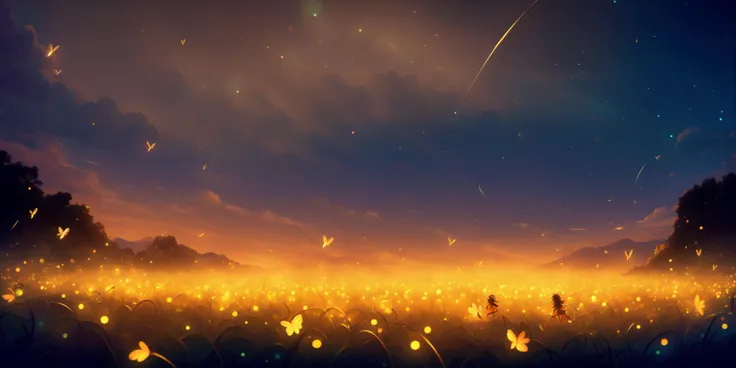 (masterpiece,best quality,ultra_detailed,highres,absurdres:1.3),
(heart-touching and warm atmosphere:1.2),
natural lighting, soft lighting, sunlight, HDR (High Dynamic Range), Maximum Clarity And Sharpness, Multi-Layered Textures,
<lora:fireflies_v1:1>(neon orange fireflies, children,playing,night sky ,:1.3),happy,smile, <lora:1658854699716974463:0.6>