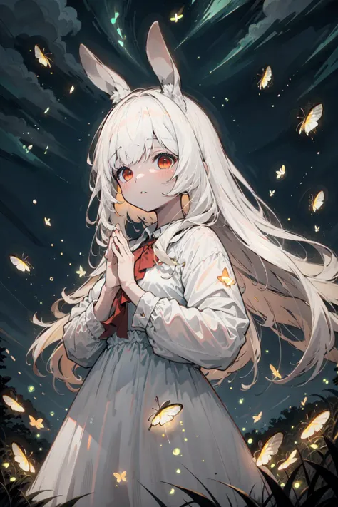 (perfect detail hands,perfect detail fingers:1.3),
natural lighting, soft lighting, sunlight, HDR (High Dynamic Range), Maximum Clarity And Sharpness, Multi-Layered Textures,<lora:fireflies_v1:0.9>(neon white fireflies:1.3),night sky , <lora:GoodHands-vanilla:0.3> <lora:shirokujira:0.8> animal ears, rabbit ears, long hair, 1girl, red eyes