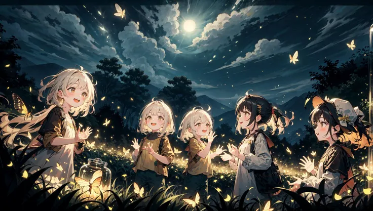 natural lighting, soft lighting, sunlight, HDR (High Dynamic Range), Maximum Clarity And Sharpness, Multi-Layered Textures,<lora:fireflies_v1:1> fireflies,4 children,happy,playing ,perfect detail hands,perfect detail fingers,holding jars,