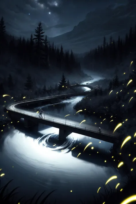 ( very long shot:1.5),(Long exposure photography:1.5),
best detailed,masterpiece, best quality, wide-angle Hyperdetailed, masterpiece, 8k,HDR (High Dynamic Range), Maximum Clarity And Sharpness, Multi-Layered Textures,
perfect detail reflective surface, freedom,night, dark theme, starry sky,ethereal, truth, delicate pattern, detailed background, super fine concept art:1.4),
1girl,
midnight, dark forest, stream, bridge,
fireflies, night sky, <lora:fireflies_v1:0.6>,
(emphasis line:0.8), darkness, dynamic lighting, faint light, <lora:epiNoiseoffset_v2:1>, high-contrast,
(mysterious:0.8), dark blue tone, <lora:add_detail:0.5>,