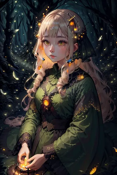 woman in a mythical forest, masterpiece, perfect face, intricate details, horror theme <lora:fireflies_v1:1> firefliesfireflies, night sky, glowing