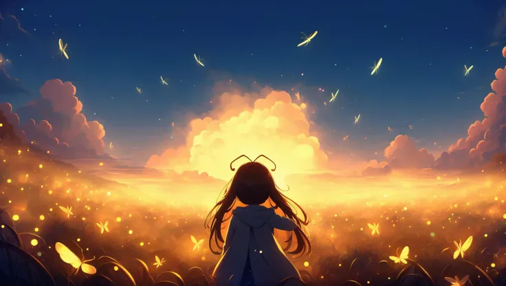 (masterpiece,best quality,ultra_detailed,highres,absurdres:1.3),
(heart-touching and warm atmosphere:1.2),
natural lighting, soft lighting, sunlight, HDR (High Dynamic Range), Maximum Clarity And Sharpness, Multi-Layered Textures,
<lora:fireflies_v1:0.888888888>(neon white fireflies:1.3),night sky ,
children,happy,smile, <lora:1658854699716974463:0.6>