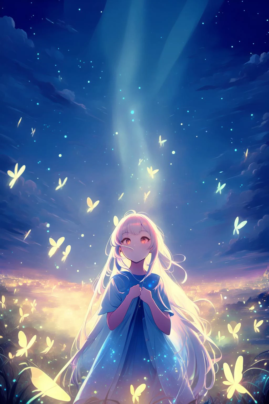 (masterpiece,best quality,ultra_detailed,highres,absurdres:1.3)
natural lighting, soft lighting, sunlight, HDR (High Dynamic Range), Maximum Clarity And Sharpness, Multi-Layered Textures,
<lora:fireflies_v1:0.888888888>(neon white fireflies:1.3),night sky ,
1girl, <lora:1658854699716974463:1>