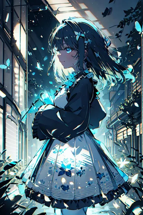 ultra detailed, masterpiece, best quality, solo, soft smile, light smile, (white and blue theme:1.3),
1girl, blue eyes, very long hair, blonde hair, long blonde hair, french braid, bangs, medium breasts,
hair ribbon, frilled choker, criss-cross halter, sleeveless dress, high-waist skirt, backless dress, waist bow, detached sleeves, frilled sleeves, wide sleeves, pantyhose, patterned legwear, mary janes, <lora:Silhouette:1> silhouette, light particles, <lora:4960_fireflies:1> fireflies,