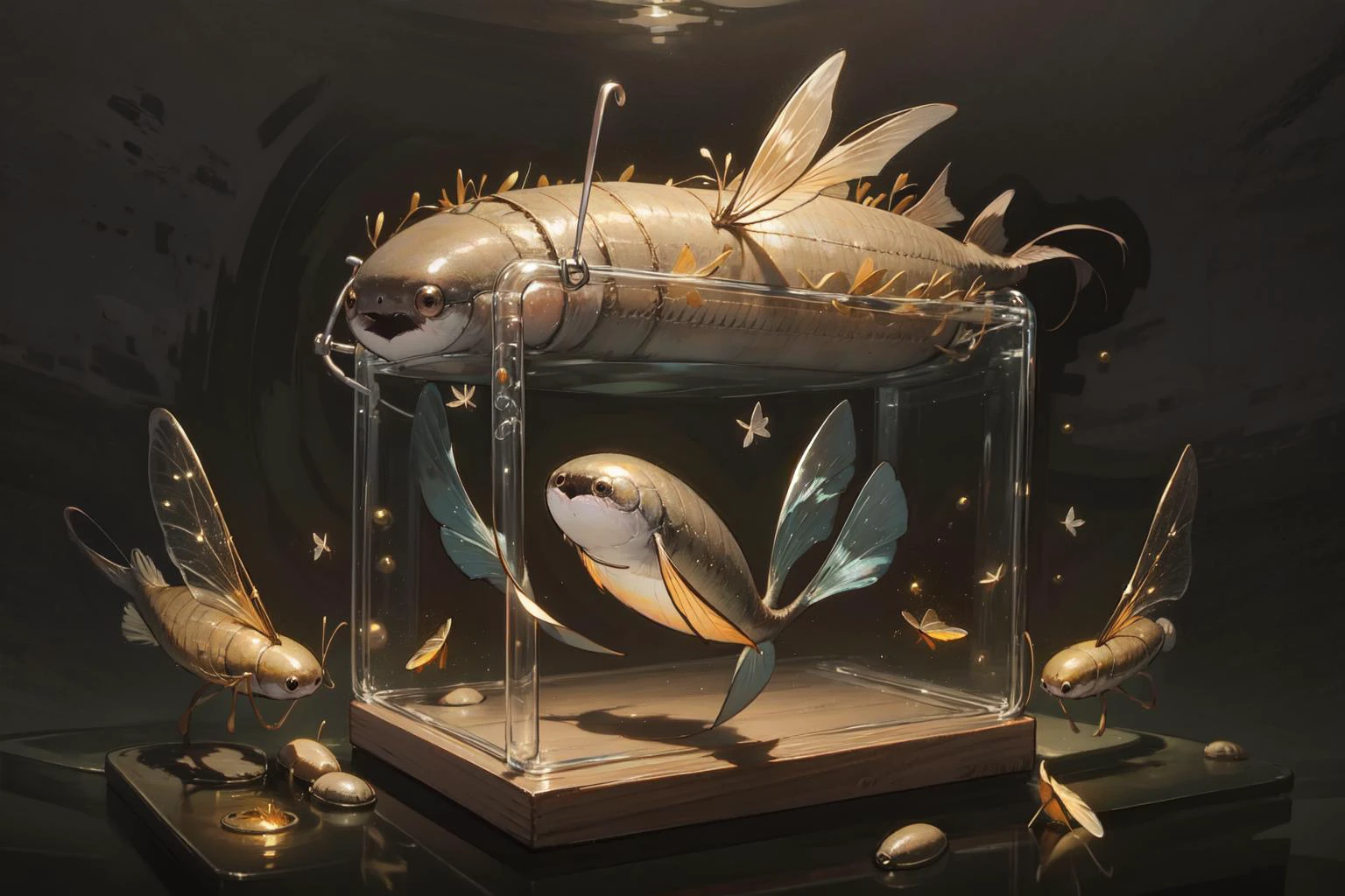 <lora:fireflies_v1:0.7> fireflies, <lora:Sacabambaspis:1> sacabambaspis,fish,