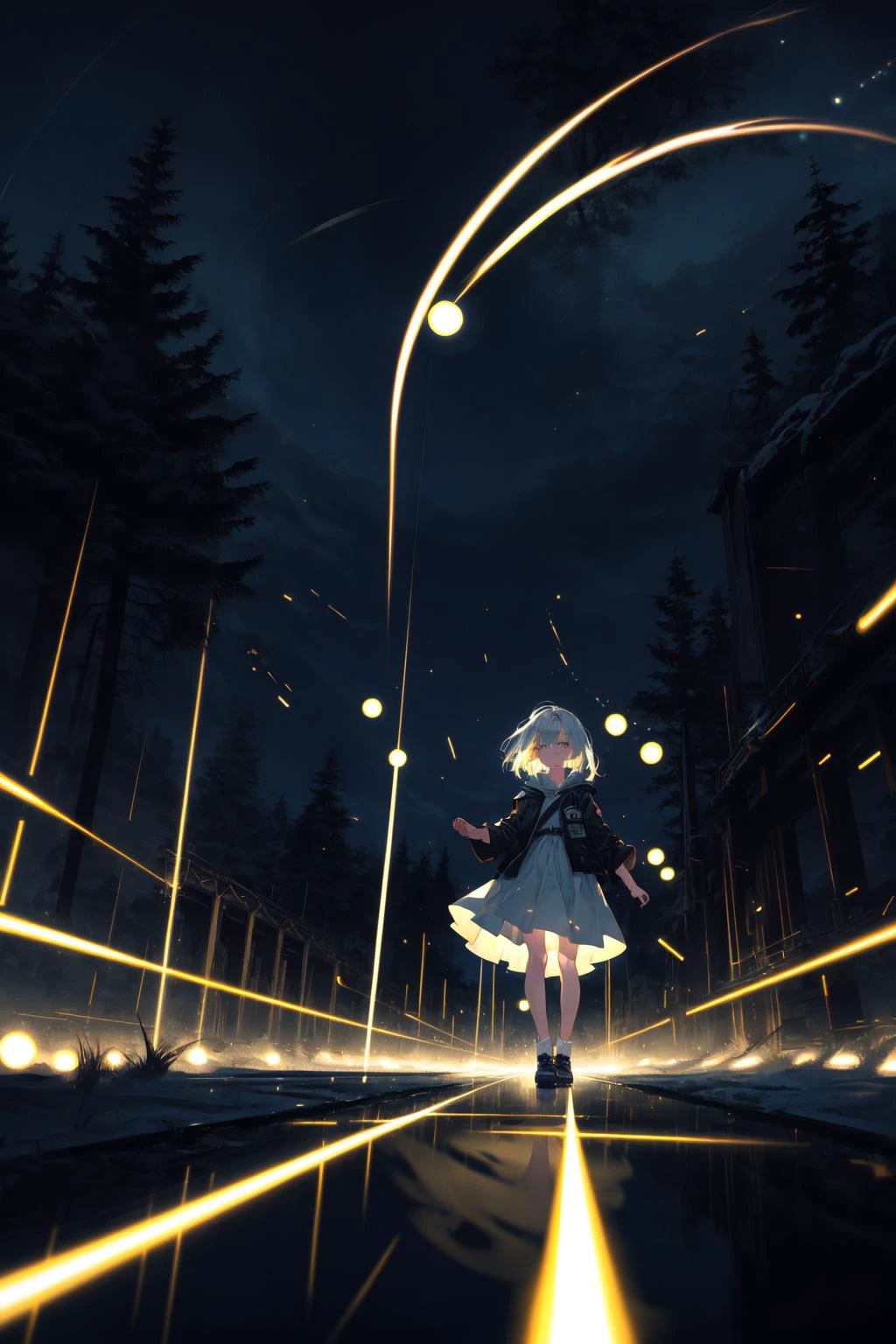 ( very long shot:1.5),(Long exposure photography,Luminogram,:1.5),
best detailed,masterpiece, best quality, wide-angle Hyperdetailed, masterpiece, 8k,HDR (High Dynamic Range), Maximum Clarity And Sharpness, Multi-Layered Textures,
perfect detail reflective surface, freedom,night, dark theme, starry sky,ethereal, truth, delicate pattern, detailed background, super fine concept art:1.4),
1girl,
midnight, dark forest, stream, bridge,
fireflies, night sky, <lora:fireflies_v1:0.6>,
(emphasis line:0.8), darkness, dynamic lighting, faint light, <lora:epiNoiseoffset_v2:1>, high-contrast,
(mysterious:0.8), dark blue tone, <lora:add_detail:0.5>,